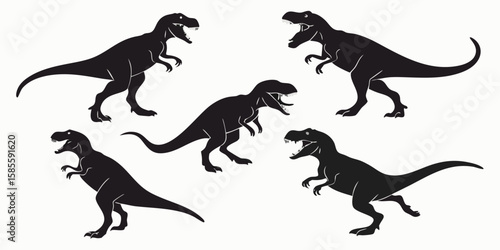 Collection of five black tyrannosaurus rex dinosaurs in dynamic poses isolated on white background