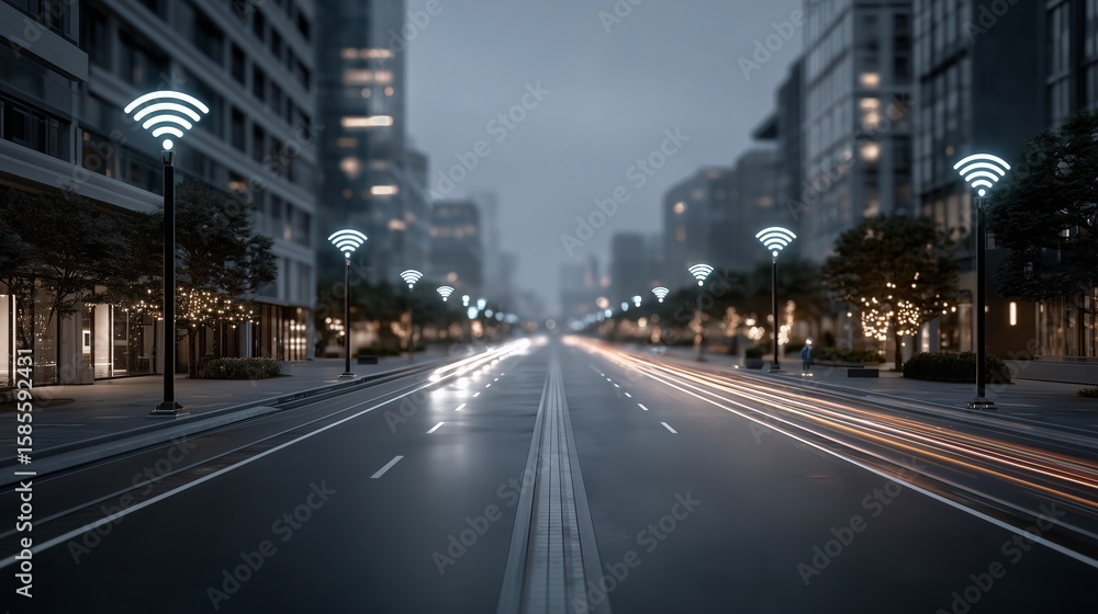 Obraz premium Street Lights with WiFi Icons in Smart Connected City Environment