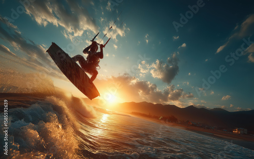 Dynamic Kite Surfer Soaring High at Sunset A Thrilling Action Shot Capturing the Beauty of Water Sports and the Golden Hour