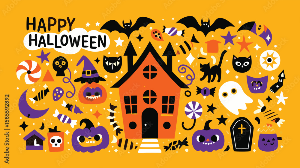 Obraz premium A festive halloween illustration with bats, cats, pumpkins, and candy on an orange background design