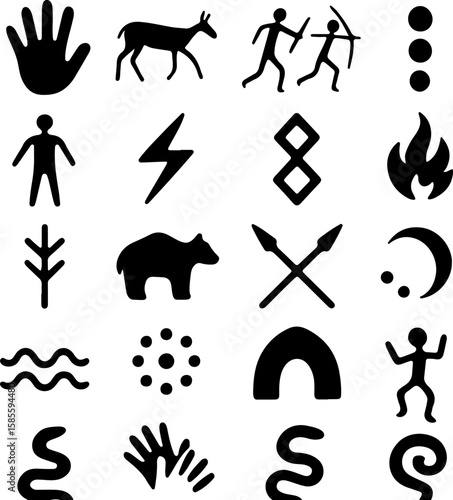 Collection of ancient cave painting symbols including human figures animals natural elements and abstract shapes representing prehistoric art and communication