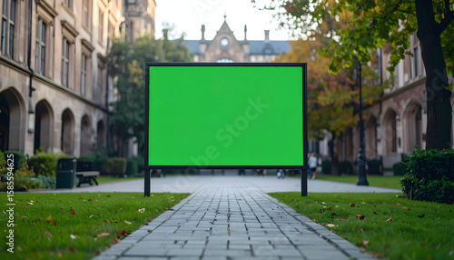 Green Screen Mockup: Blank Sign on a College Campus Pathway