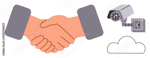 Handshake representing trust alongside surveillance camera and cloud icon for security and technology. Ideal for trust, cybersecurity, partnership, cloud computing, monitoring, privacy, security