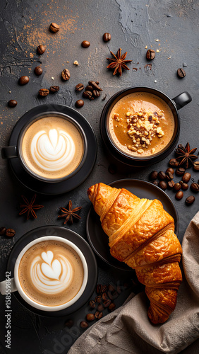Delightful coffee and croissant arrangement with rich textures and aromas, perfect for a cozy breakfast scene.