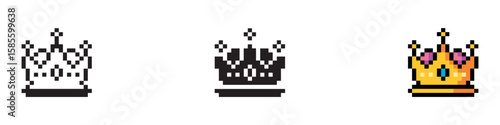 Crown pixel gaming item, crown 8 bit game resource, pixel art crown icon, crown game pixel element. Vector Illustration.