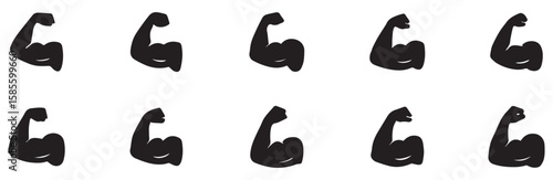 Muscle icon set. Flexed bicep arm icon. Hand emoji. Feats of strength sign. Biceps musclar arm icon. Flexing arm muscles. strong icons. Vector Illustration. Vector Graphic. EPS 10