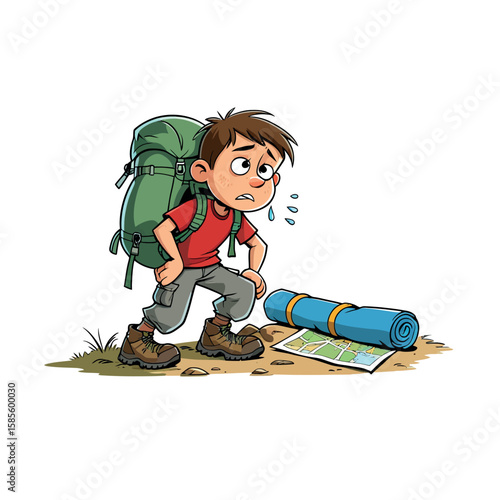 Cartoon Illustration of a Boy Feeling Lost and Confused During a Hiking Trip, with His Gear on the Ground