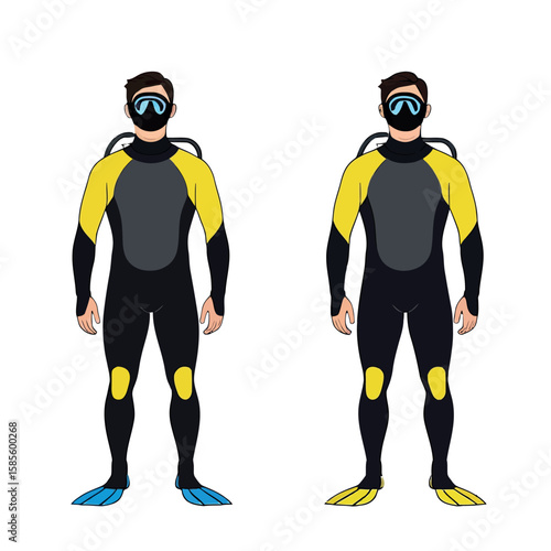 Two Scuba Divers in Wetsuits, One with Blue Fins and One with Yellow Fins, Ready for Underwater Exploration