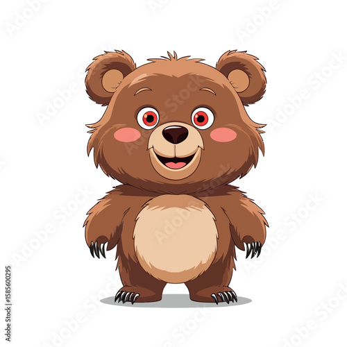 A Cute and Happy Brown Bear Cub Cartoon Character with Rosy Cheeks and Big Red Eyes