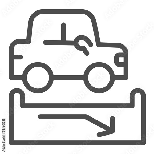 Car vehicle and parking space with arrow line icon, driver license concept. Vector graphics. Parking test for drivers sign on white background, outline style icon for mobile or web design.