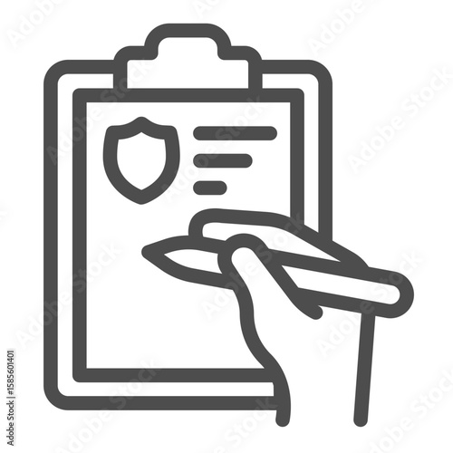 Signing of fine document line icon, driver license concept. Vector graphics. Document paper with safety emblem and hand sign on white background, outline style icon for mobile or web design.
