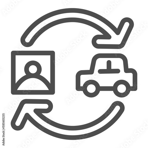 Driver license lookup line icon, learner permit concept. Vector graphics. Two arrows with photo and car, driving sign on white background, outline style icon for mobile or web design.