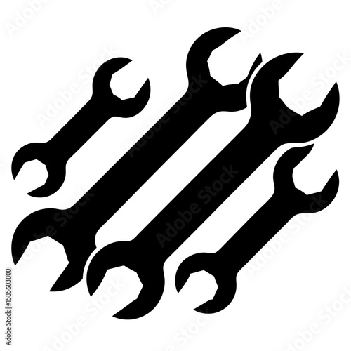 Collection of black wrench silhouettes of varying sizes arranged neatly on a white background isolated on white background