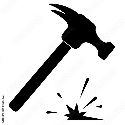 Black silhouette of a hammer striking a nail isolated on white background