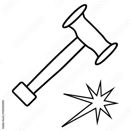 Simple line art of a hammer striking a nail with motion lines isolated on white background
