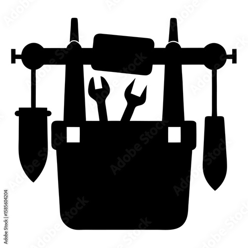 Black silhouette of a carpenter s tool belt filled with various construction and repair tools isolated on white background