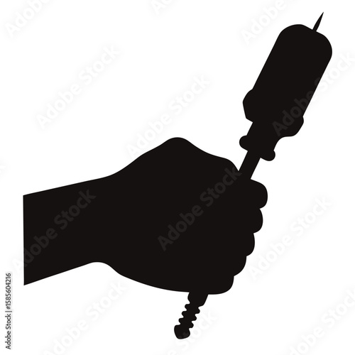 Black silhouette of a human hand firmly gripping a screwdriver isolated on white background