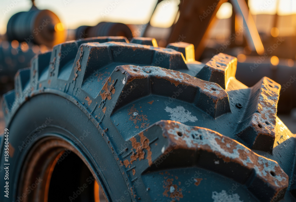 Fototapeta premium Close-up of a worn heavy-duty tire with rust and dirt during sunset