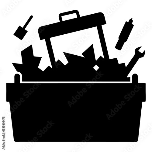 Silhouette of a toolbox with various tools spilling out isolated on white background