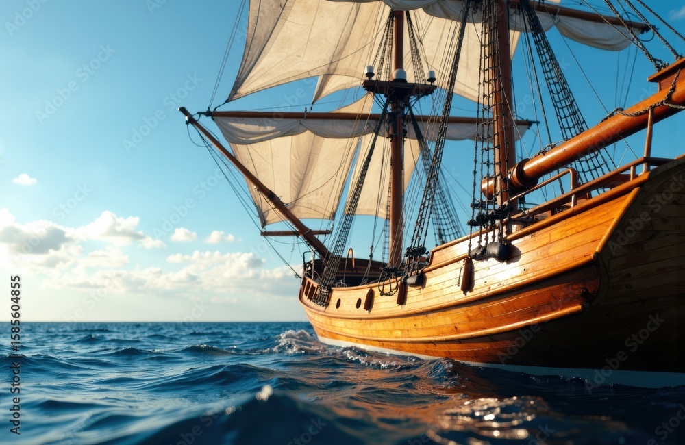 Fototapeta premium A classic sailing ship with billowing sails navigating open ocean waters under a bright blue sky