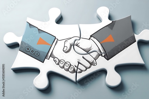 Hand drawn handshake puzzle pieces; business partnership concept; modern, professional style.