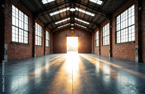 Wallpaper Mural Empty industrial warehouse with large windows and sunlight streaming through the open door Torontodigital.ca