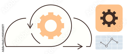 Gear inside cloud with curved arrows, analysis chart grid, data flow icon. Ideal for automation, cloud computing, workflow management, analytics, digital transformation, innovation simple flat