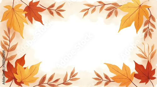 Autumn Leaves Border Frame with Orange Yellow Brown Maple Leaves on Cream Background