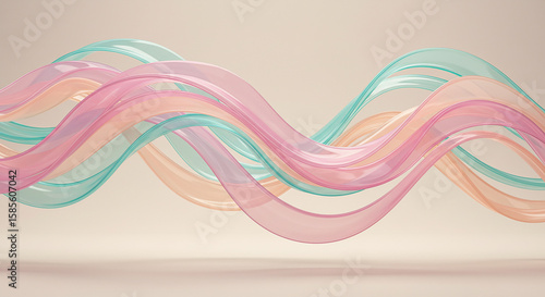 Abstract flowing ribbons of pastel pink peach and teal colors create a gentle wave motion