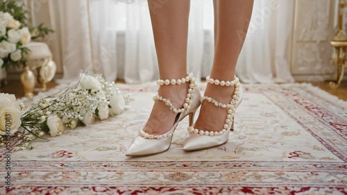 Close-up of a bride’s feet in elegant pearl-studded wedding heels