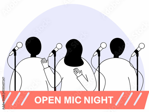 Open mic night featuring performers with microphones vector illustration on white background