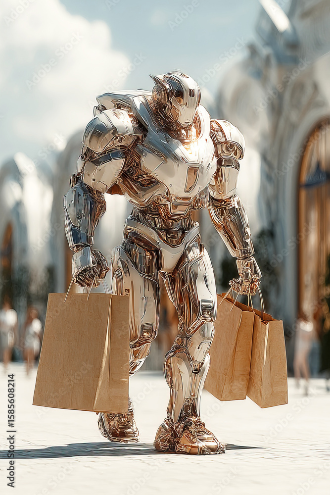 Obraz premium Shiny robot exoskeleton carries groceries in city with high tech delivery capabilities