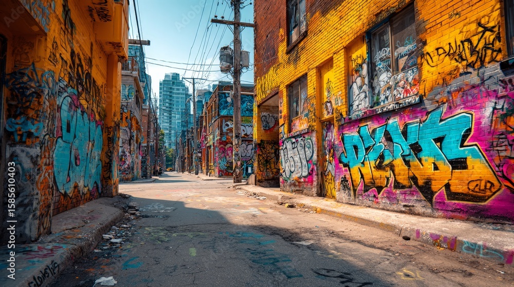 Fototapeta premium Vibrant Urban Alley with Colorful Graffiti on Brick Walls