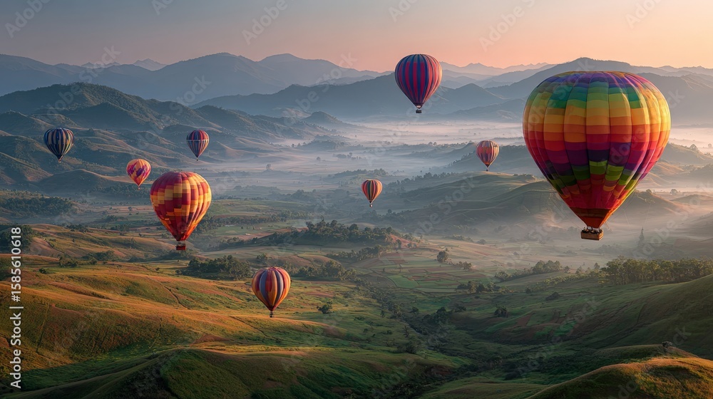 Obraz premium Colorful Hot Air Balloons Floating Over Rolling Landscape at Dawn