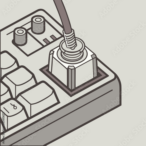 Close up of a keyboard with a cable connected to a key and two knobs on the upper left side of it