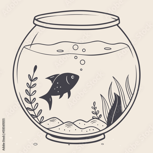 Illustration of a fishbowl with a single fish, aquatic plants, bubbles, and a sandy bottom, line art style