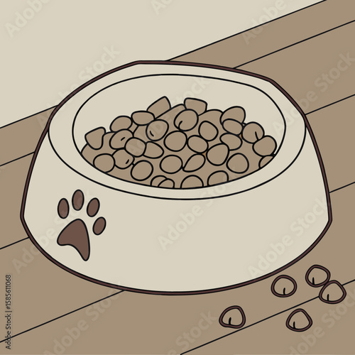 A pet bowl filled with dry food sits on a wooden floor with a paw print design on the side of the bowl