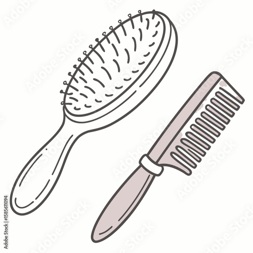 Illustration showcasing a hairbrush with bristles and a comb with handle on a white background design