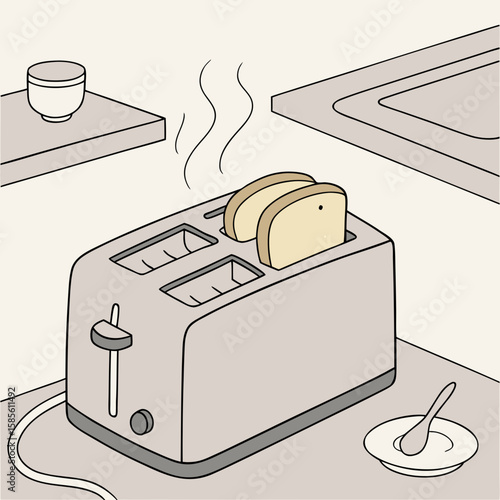 Illustration of a toaster with two slices of toast, a bowl, and a spoon on a plate on a kitchen counter