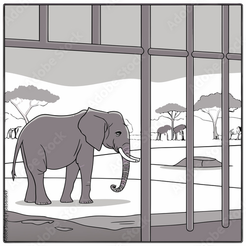 Illustration of an elephant standing in an enclosure with other elephants and trees in the background