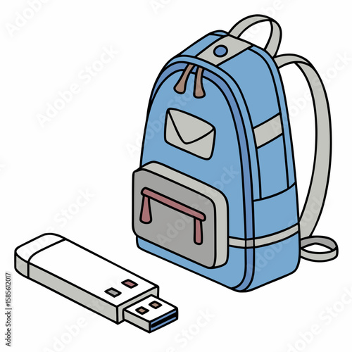 A blue backpack with straps and a front pocket next to a white usb drive on a white background image view