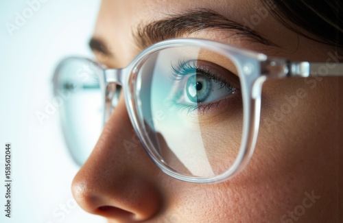 Close-up of a woman wearing glasses with blue eyes and clear lenses, emphasizing vision and focus