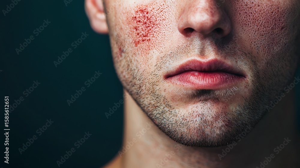 Obraz premium Close-up of a man's lower face showing red, irritated skin and facial stubble against a dark background.