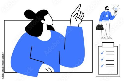 Woman raises finger, man holds bright bulb symbolizes creativity, problem-solving, teamwork. Checklist highlights tasks. Ideal for brainstorming, strategy, innovation, education teamwork solutions