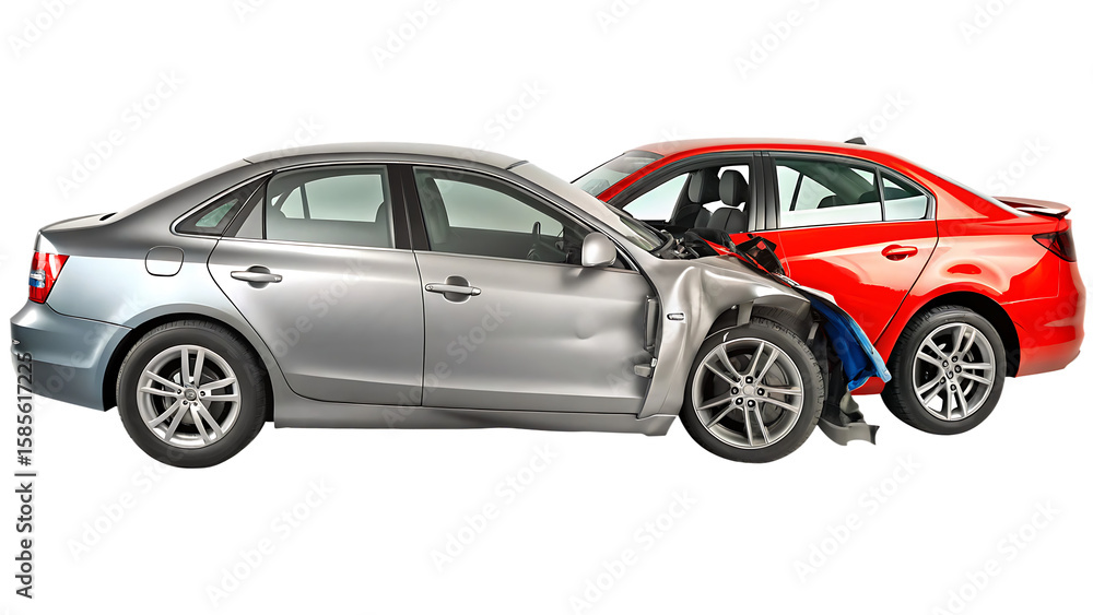 Fototapeta premium Silver and red cars damaged crash isolated on a transparent background