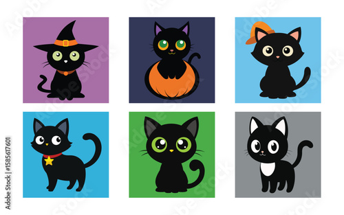 Six Adorable Cartoon Black Cats: Halloween, Pumpkin, and Playful Styles.