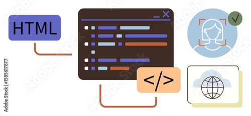 HTML coding, browser window with code, face recognition technology, and global internet access. Ideal for web design, coding, AI, programming technology innovation user experience. Simple flat