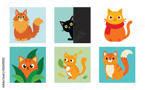 Six Adorable Cartoon Cats: Orange, Black, Autumnal Mood, Playful Style
