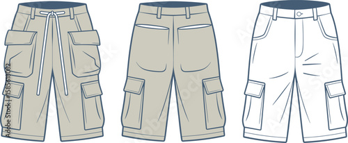 Versatile cargo shorts, CAD drawing, flat vector illustration, fashion template, detailed pockets, men's apparel, summer clothing, trendy design, functional shorts