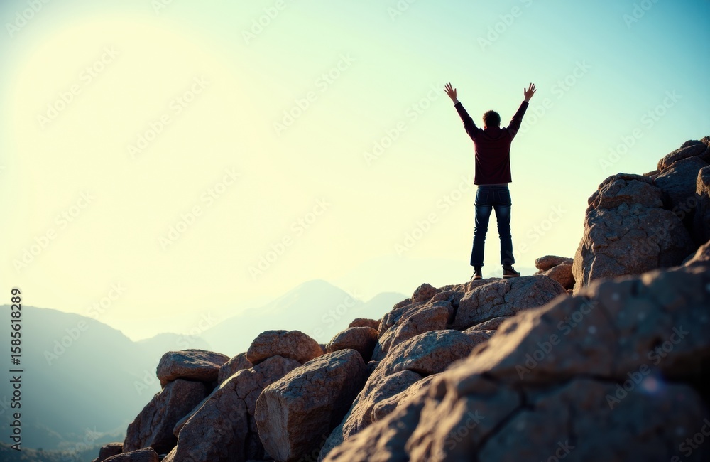 Obraz premium A person standing on rocky mountain terrain with arms raised in victory against a bright sky